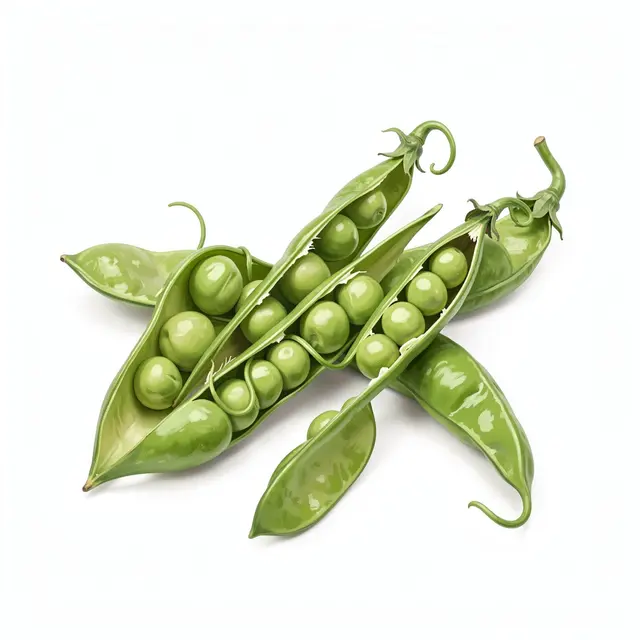 Hand-painted split green pea pods with visible round peas and curly tendrils rest on a plain white surface