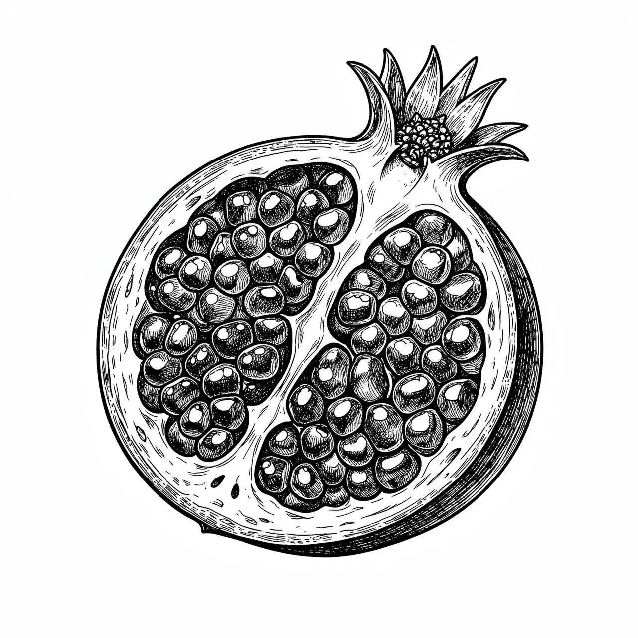 Detailed pen and ink illustration of a split pomegranate with glistening seeds on a white background