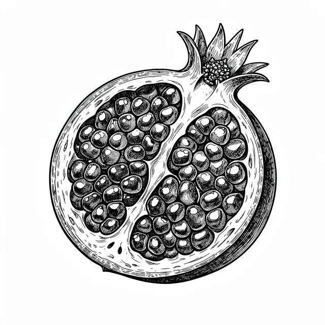 Detailed pen and ink illustration of a split pomegranate with glistening seeds on a white background