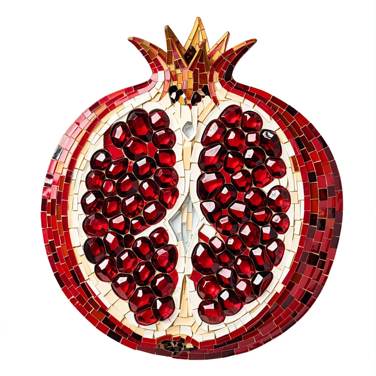 Glass tile mosaic depicting a split open pomegranate with faceted ruby red seeds against a plain white background