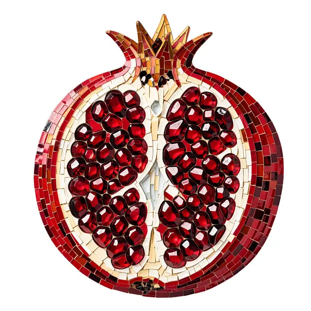 Glass tile mosaic depicting a split open pomegranate with faceted ruby red seeds against a plain white background
