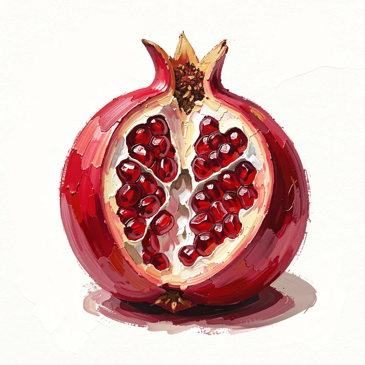 Thick palette knife oil painting of a split open pomegranate with glistening red seeds against a light off-white background