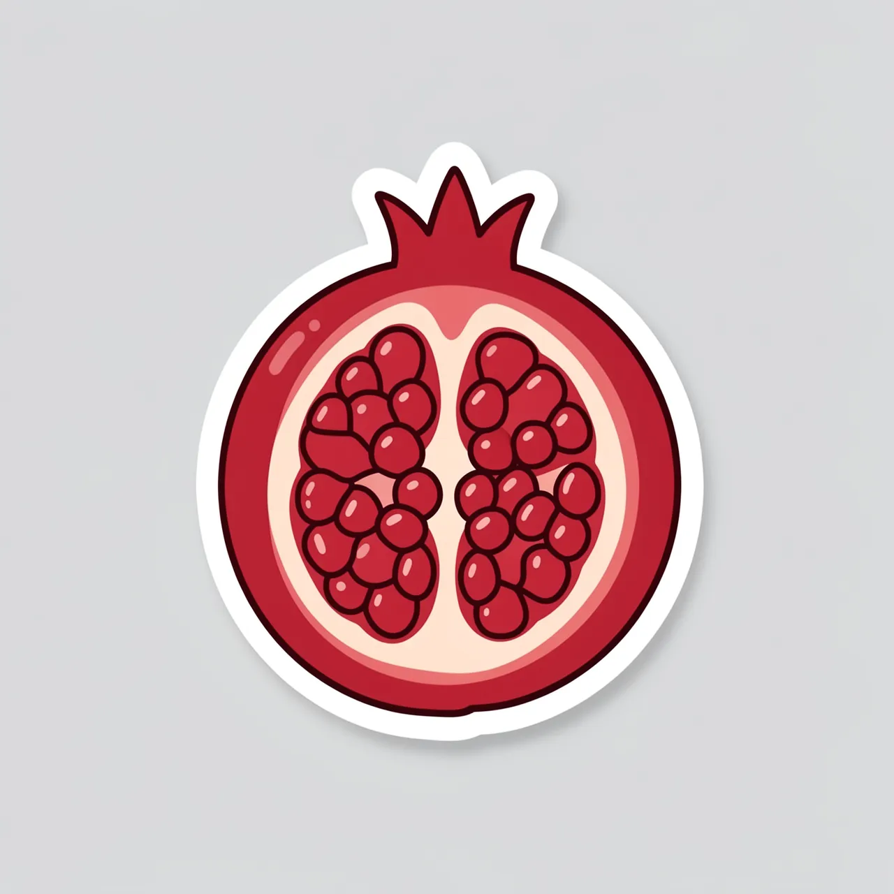 Cute flat die-cut sticker of a split open pomegranate with a white border on a light gray background