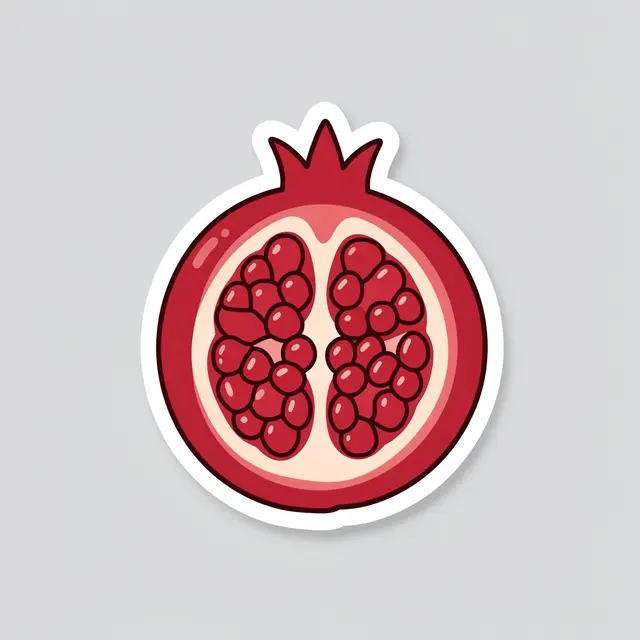 Cute flat die-cut sticker of a split open pomegranate with a white border on a light gray background
