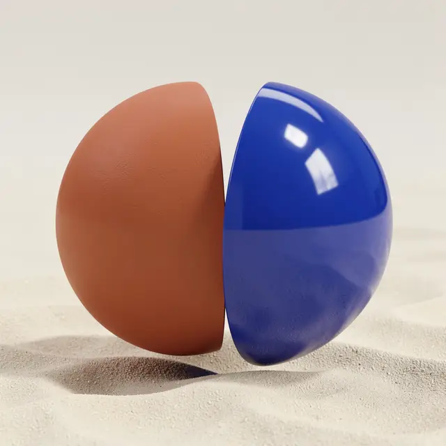 Two floating separate hemispheres, one matte terracotta and one glossy cobalt, rest just above pale sand