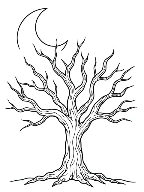 Bold black line art of a twisted bare spooky tree with roots under a crescent moon on a plain white background