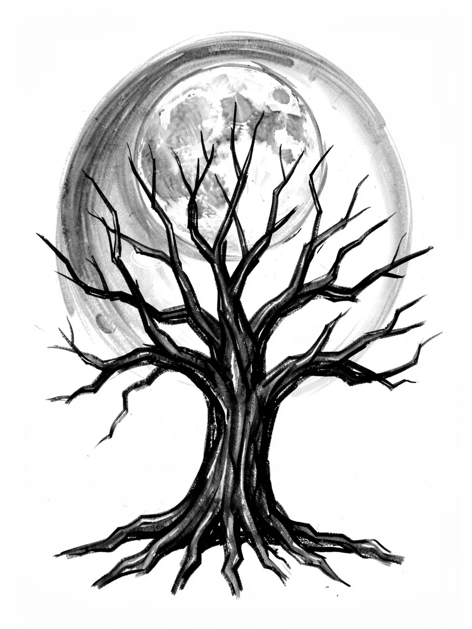Charcoal sketch of a gnarled bare spooky tree with exposed roots set against a large full moon on a white background