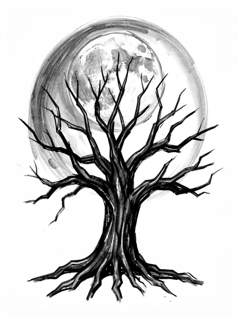 Charcoal sketch of a gnarled bare spooky tree with exposed roots set against a large full moon on a white background