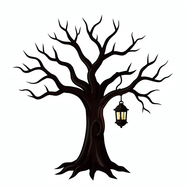 Flat clipart illustration of a twisted bare spooky tree with a glowing hanging lantern isolated on a plain white background