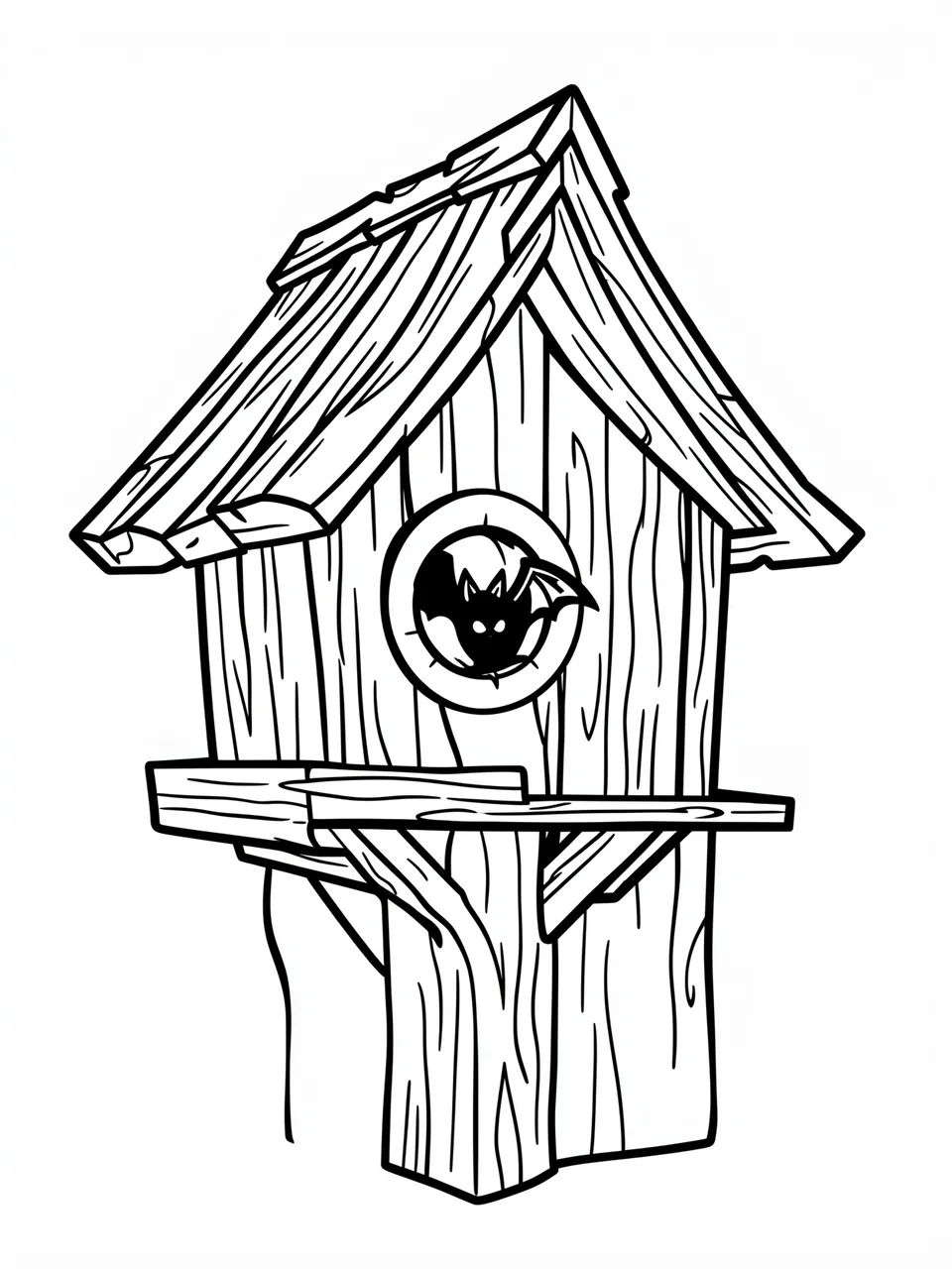 Black and white line art of a crooked birdhouse with a bat peering from its round entrance hole