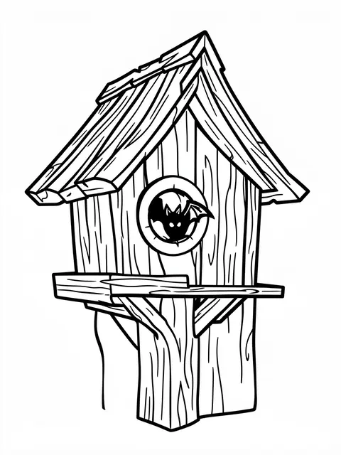 Black and white line art of a crooked birdhouse with a bat peering from its round entrance hole