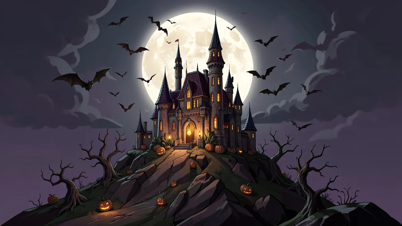 A glowing gothic castle sits on a hill with jack-o'-lanterns, bats flying under a full moon for Halloween