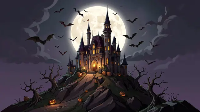 A glowing gothic castle sits on a hill with jack-o'-lanterns, bats flying under a full moon for Halloween
