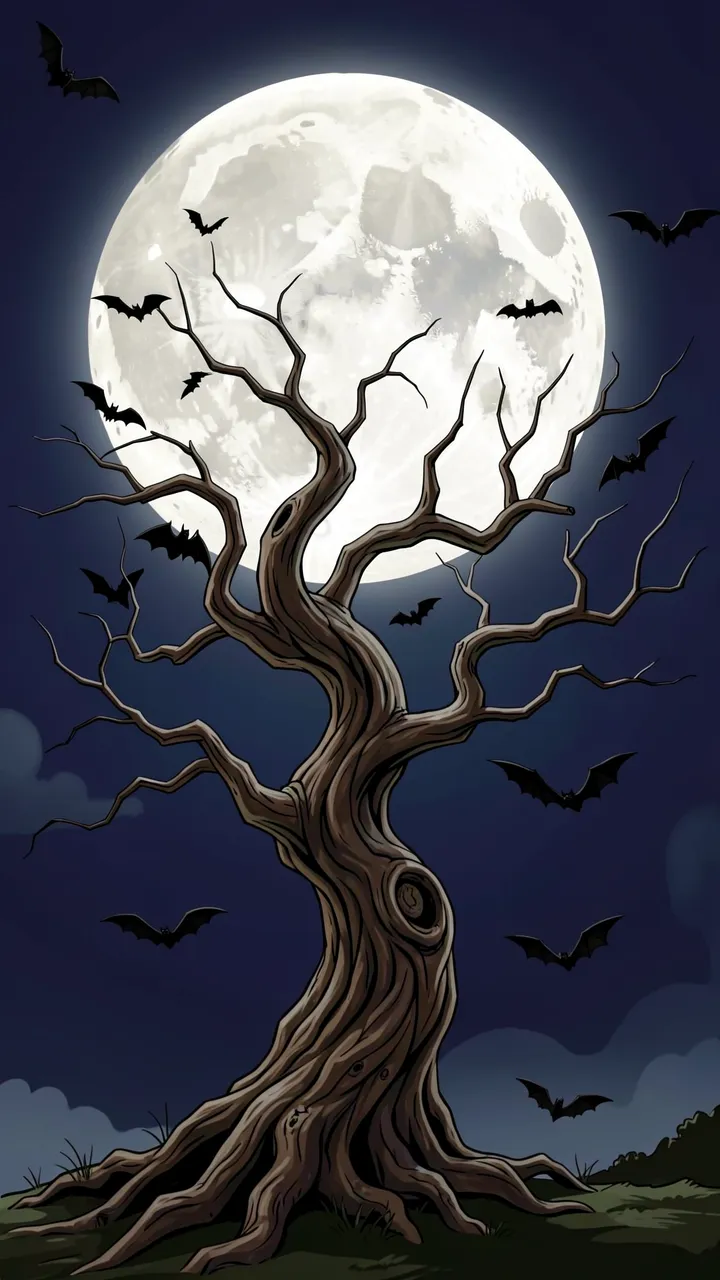A gnarled bare crooked tree stands before a glowing full moon with flying bats against a dark night sky.