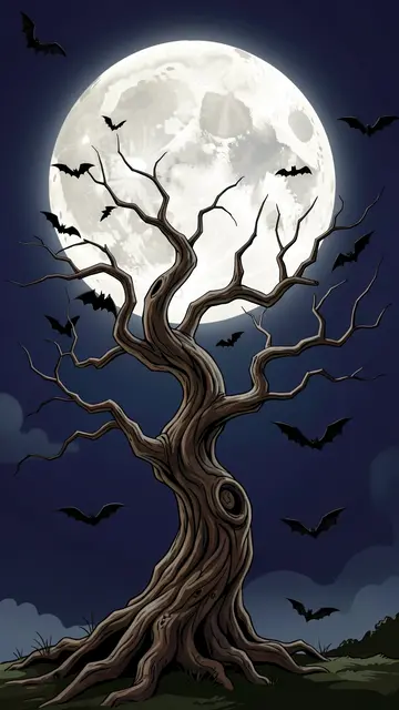 A gnarled bare crooked tree stands before a glowing full moon with flying bats against a dark night sky.