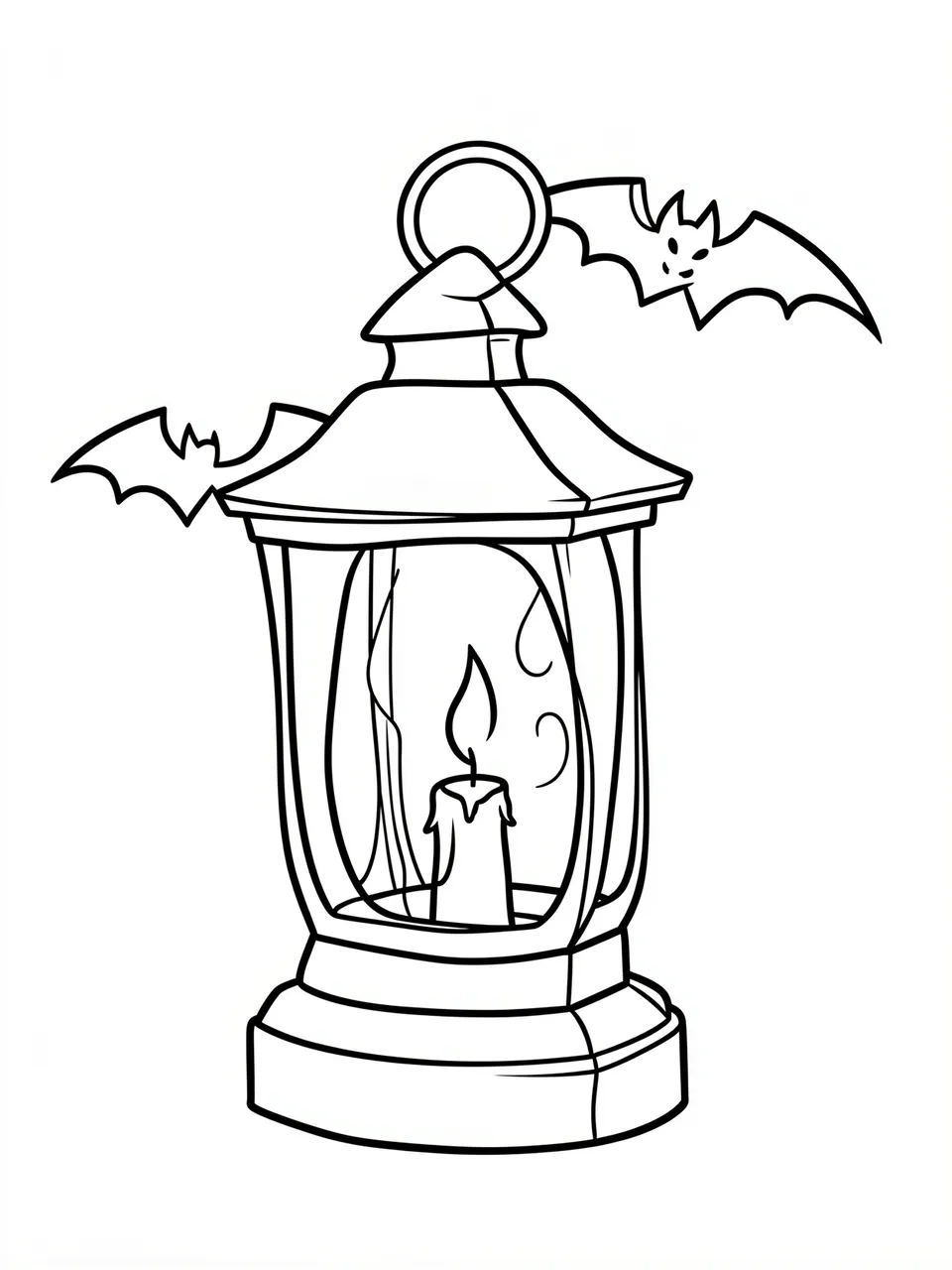 Black and white bold line art of a lantern with a candle and two bats on a plain white background