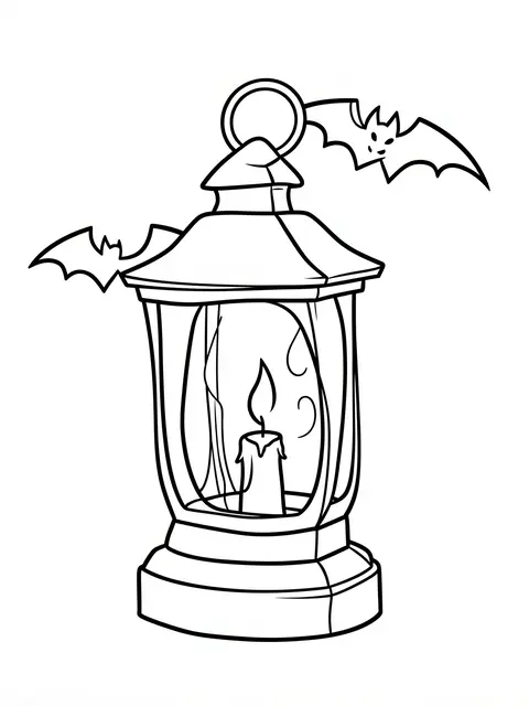 Black and white bold line art of a lantern with a candle and two bats on a plain white background
