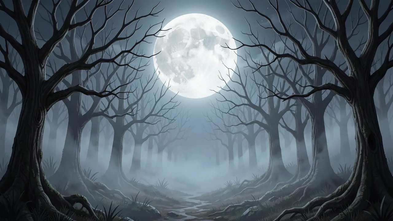 A misty bare tree forest sits under a large glowing full moon at night