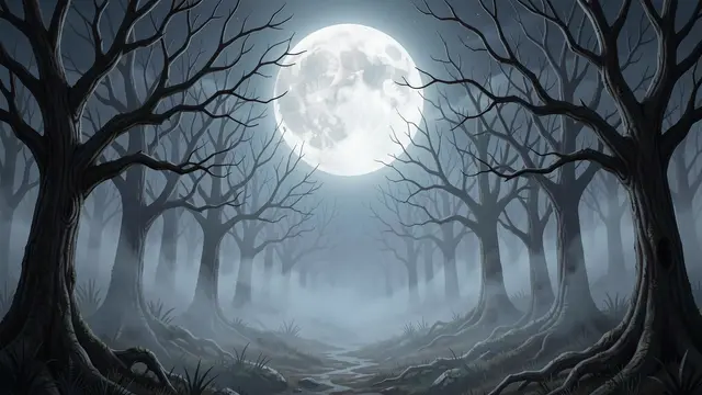A misty bare tree forest sits under a large glowing full moon at night