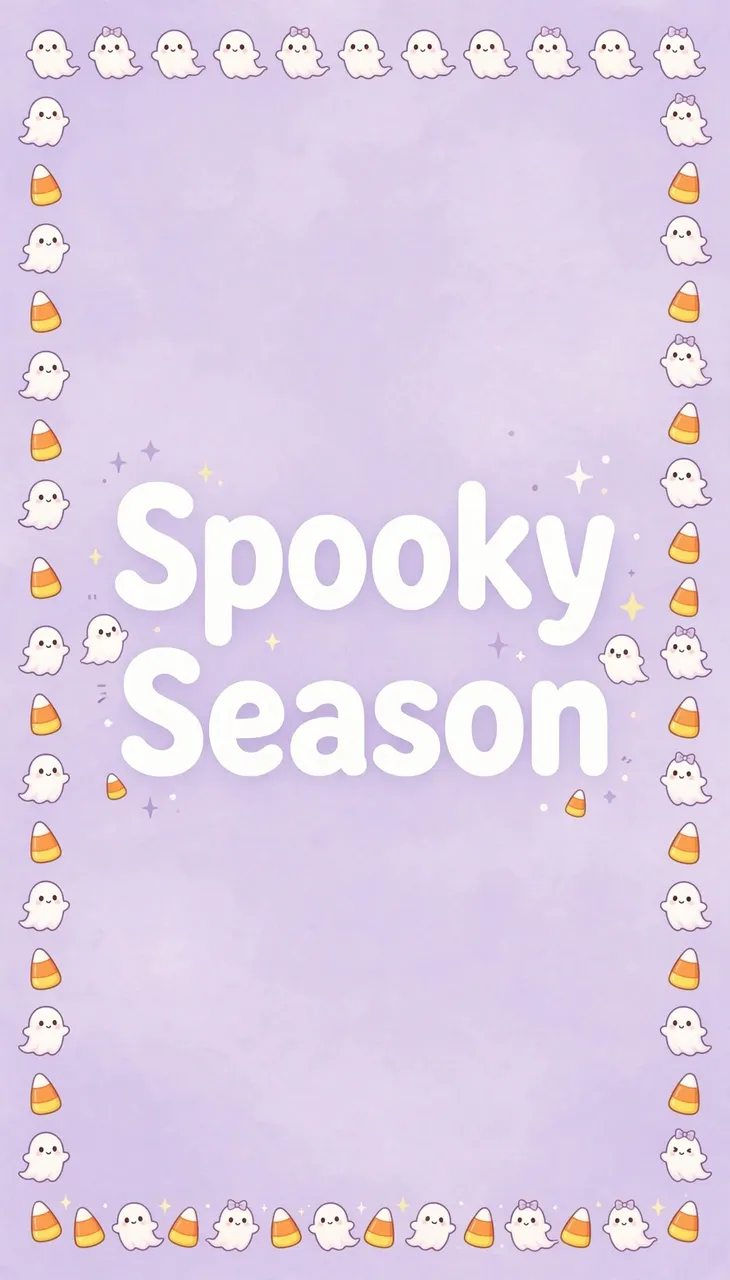 Pastel lavender wallpaper with 'Spooky Season' text framed by cute tiny ghosts and candy corn along the edges