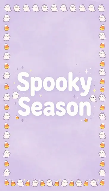 Pastel lavender wallpaper with 'Spooky Season' text framed by cute tiny ghosts and candy corn along the edges