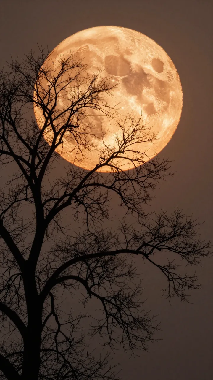 Bare leafless tree silhouetted against a huge glowing orange full moon on a dark night