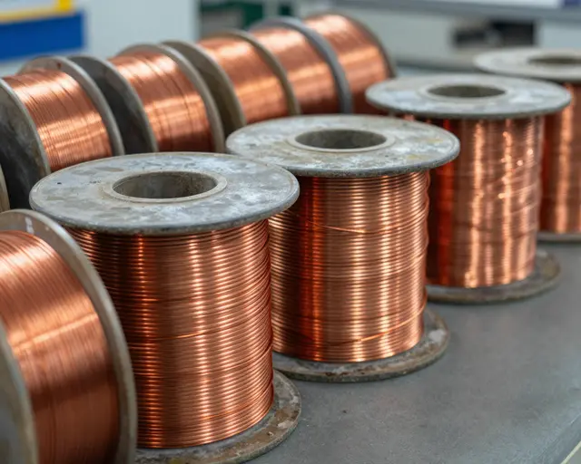 Neat rows of industrial spools of shiny bright copper wire sit on a gray factory work surface with warm metallic reflections.