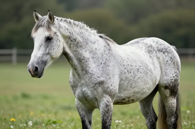 A flecked white appaloosa horse stands calmly in a grassy pasture with wildflowers