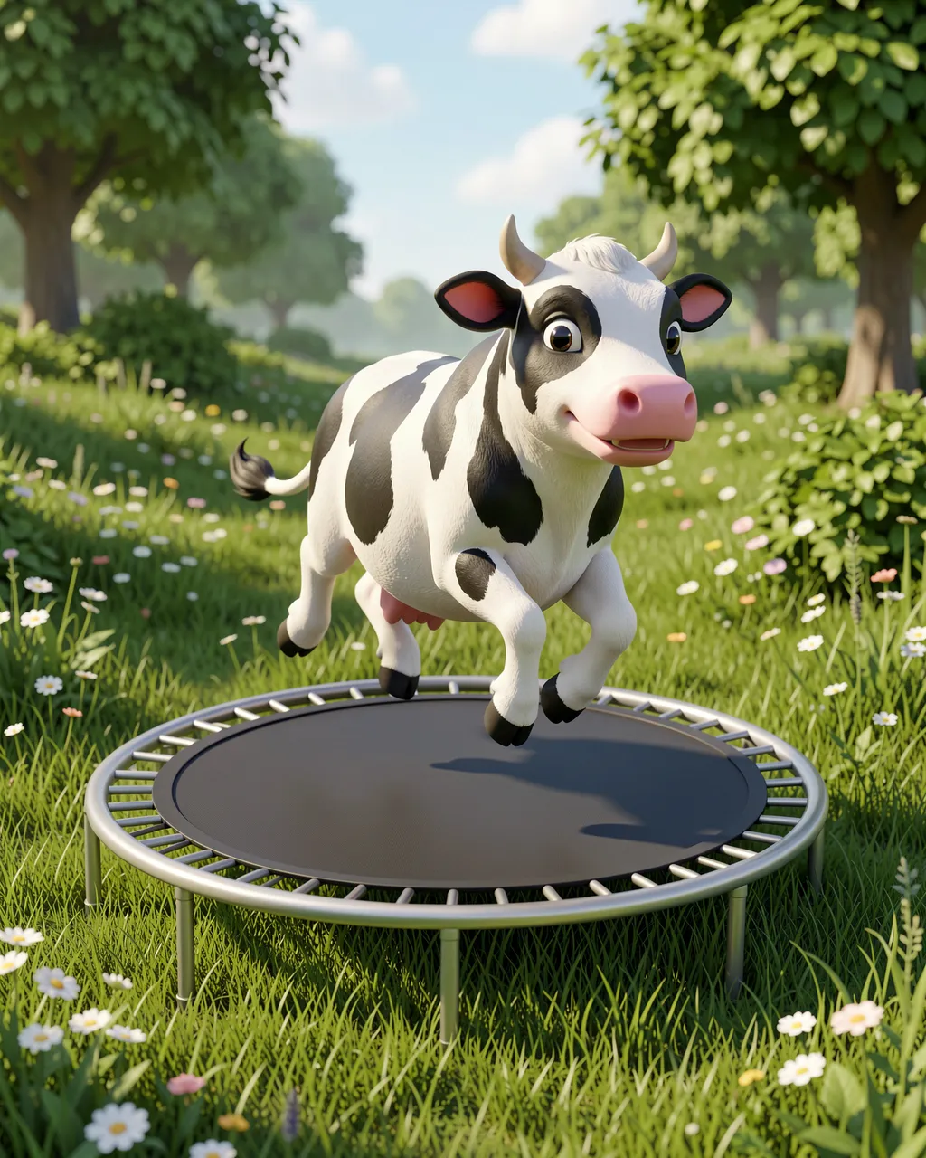 Cute 3D spotted cow bounces on a small trampoline in a sunny wildflower meadow