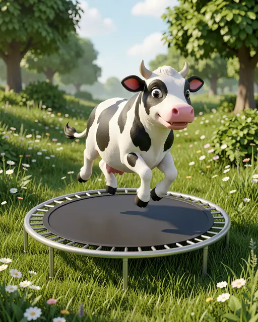 Cute 3D spotted cow bounces on a small trampoline in a sunny wildflower meadow