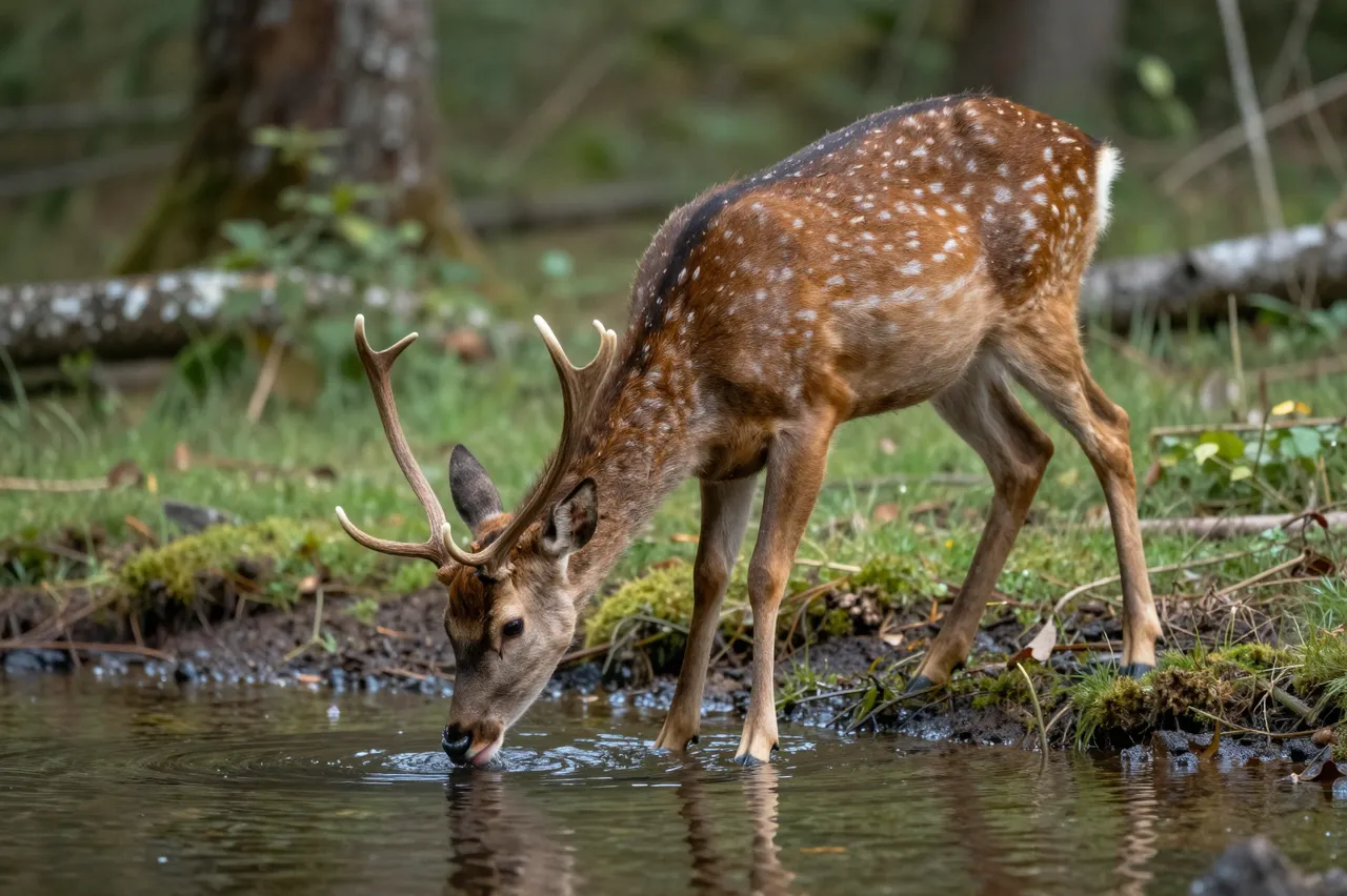 A spotted fallow deer buck bends to drink from a shallow forest stream at early morning