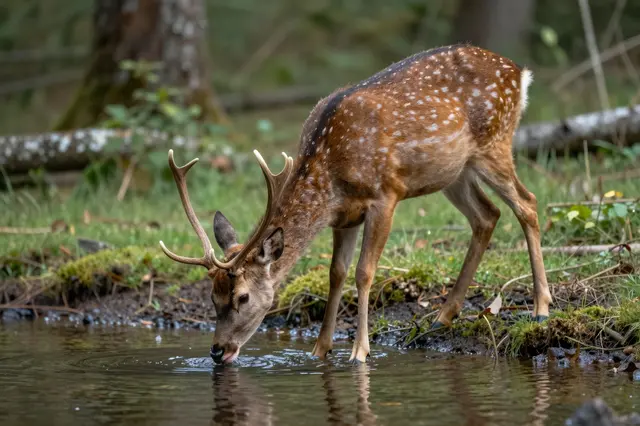 A spotted fallow deer buck bends to drink from a shallow forest stream at early morning