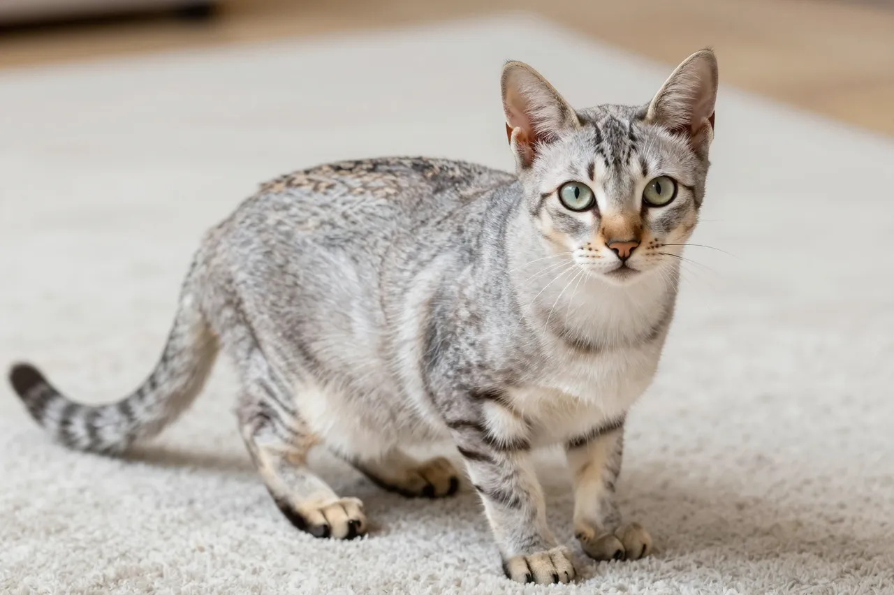 Silver spotted Egyptian mau cat stands alert on a soft light rug looking toward the camera