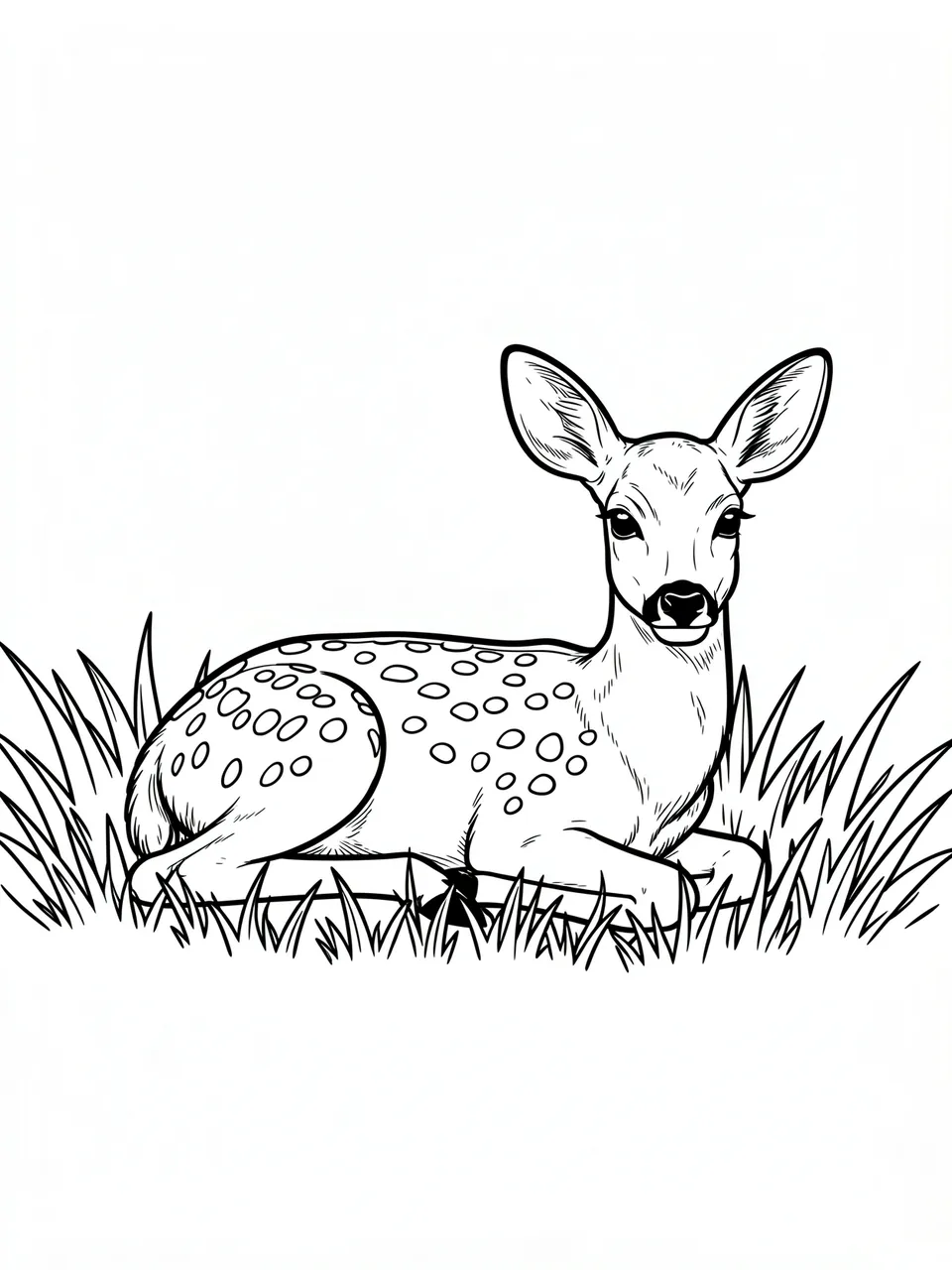Black and white line art of a spotted fawn lying down among tall grass on a plain white background