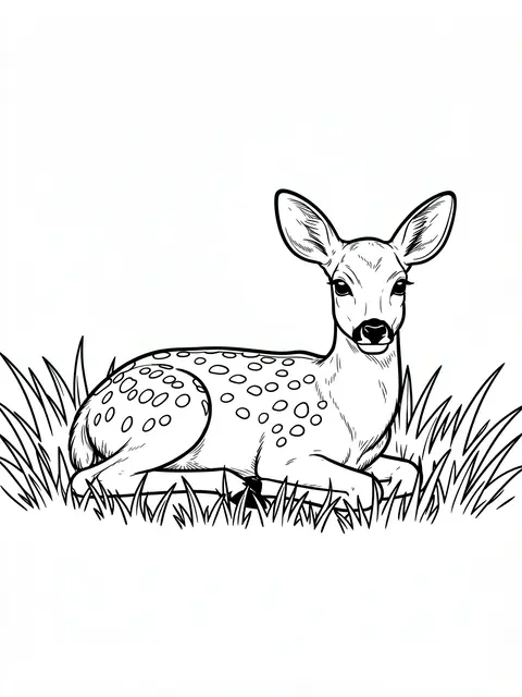 Black and white line art of a spotted fawn lying down among tall grass on a plain white background