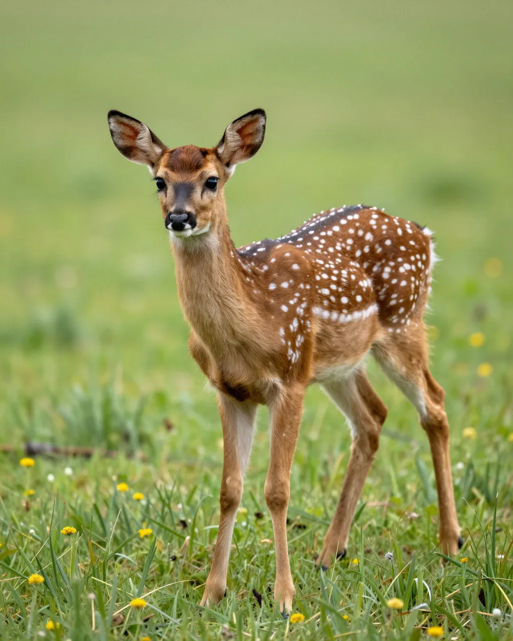 A spotted fawn with large ears stands looking directly at the camera in a green grassy meadow dotted with small yellow