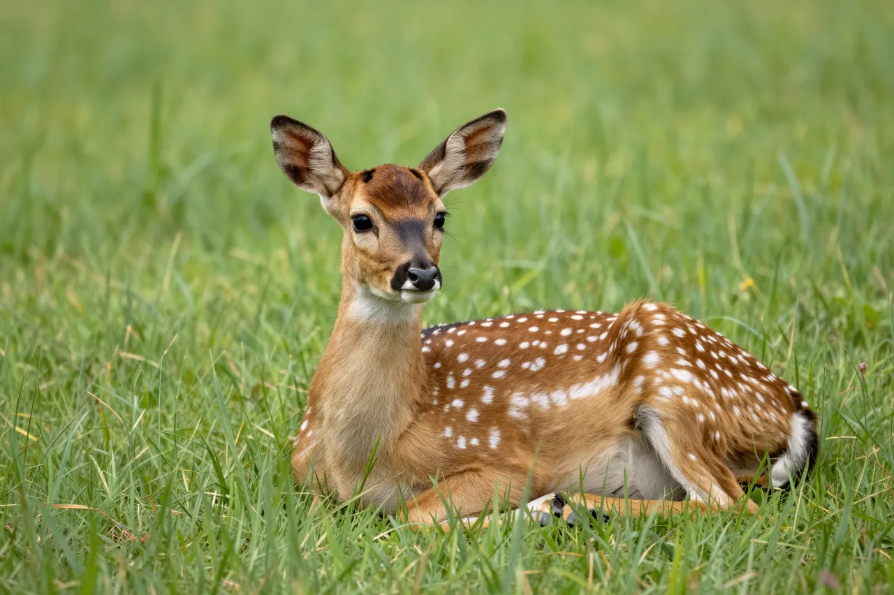 A spotted deer fawn lies calmly looking at the camera from tall green grass.