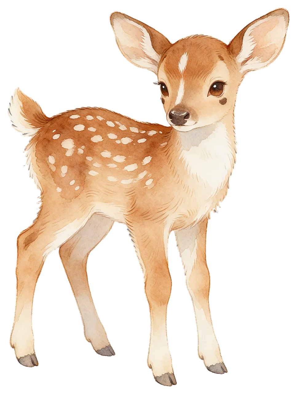 Soft watercolor illustration of a gentle spotted fawn standing and looking toward the viewer