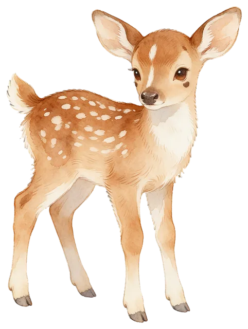 Soft watercolor illustration of a gentle spotted fawn standing and looking toward the viewer
