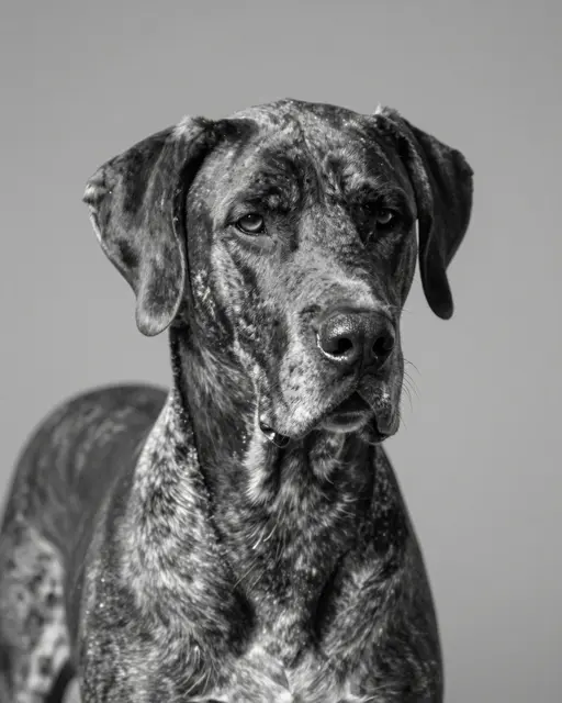 Black and white portrait of a merle Great Dane looking toward the camera against a plain neutral background