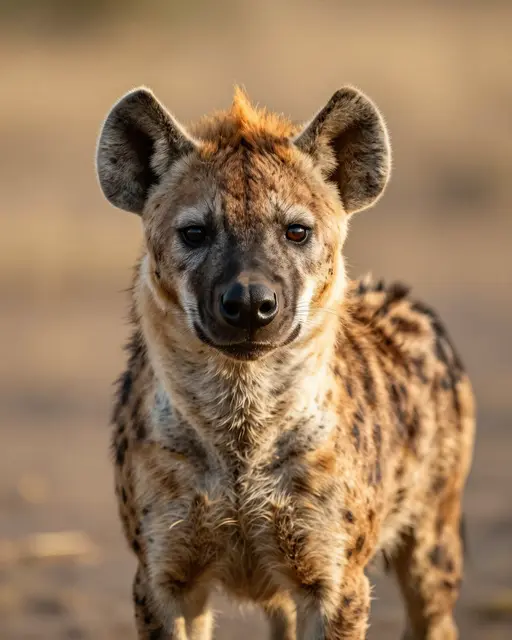 A close-up portrait of a spotted hyena facing the camera bathed in warm golden light