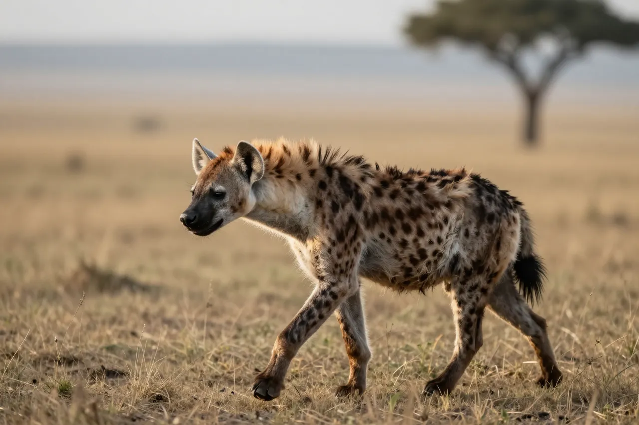 A spotted hyena walks across dry grass savanna under soft early morning light