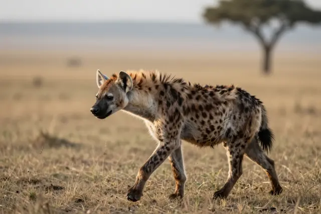 A spotted hyena walks across dry grass savanna under soft early morning light