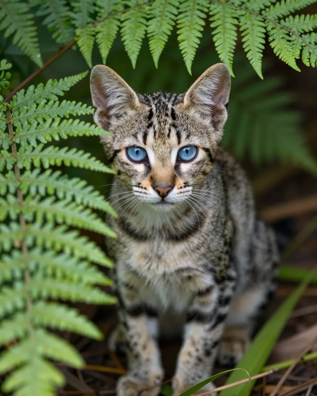 A spotted wild cat kitten with bright blue eyes sits peeking out between green fern fronds.