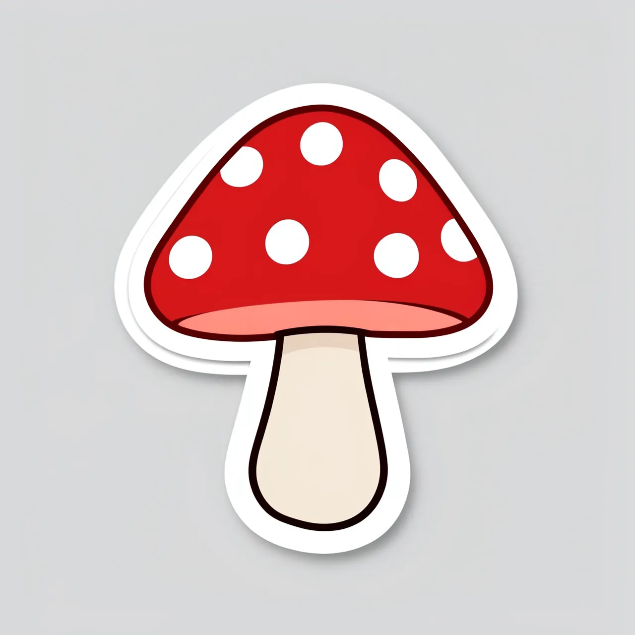 A flat cute die-cut sticker of a red spotted mushroom with a thick white border on a light gray background