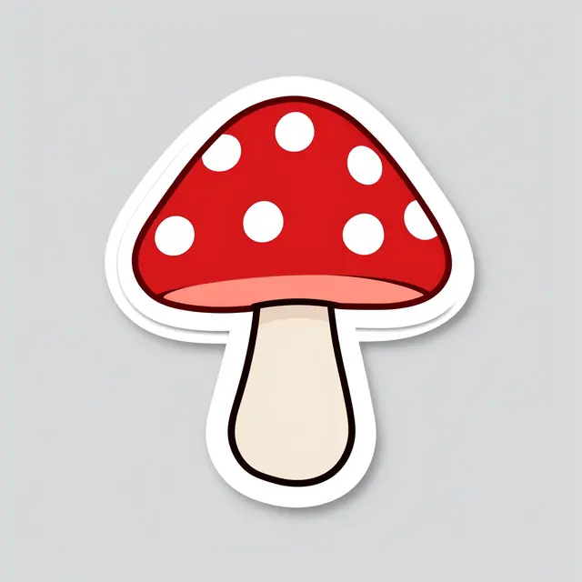 A flat cute die-cut sticker of a red spotted mushroom with a thick white border on a light gray background