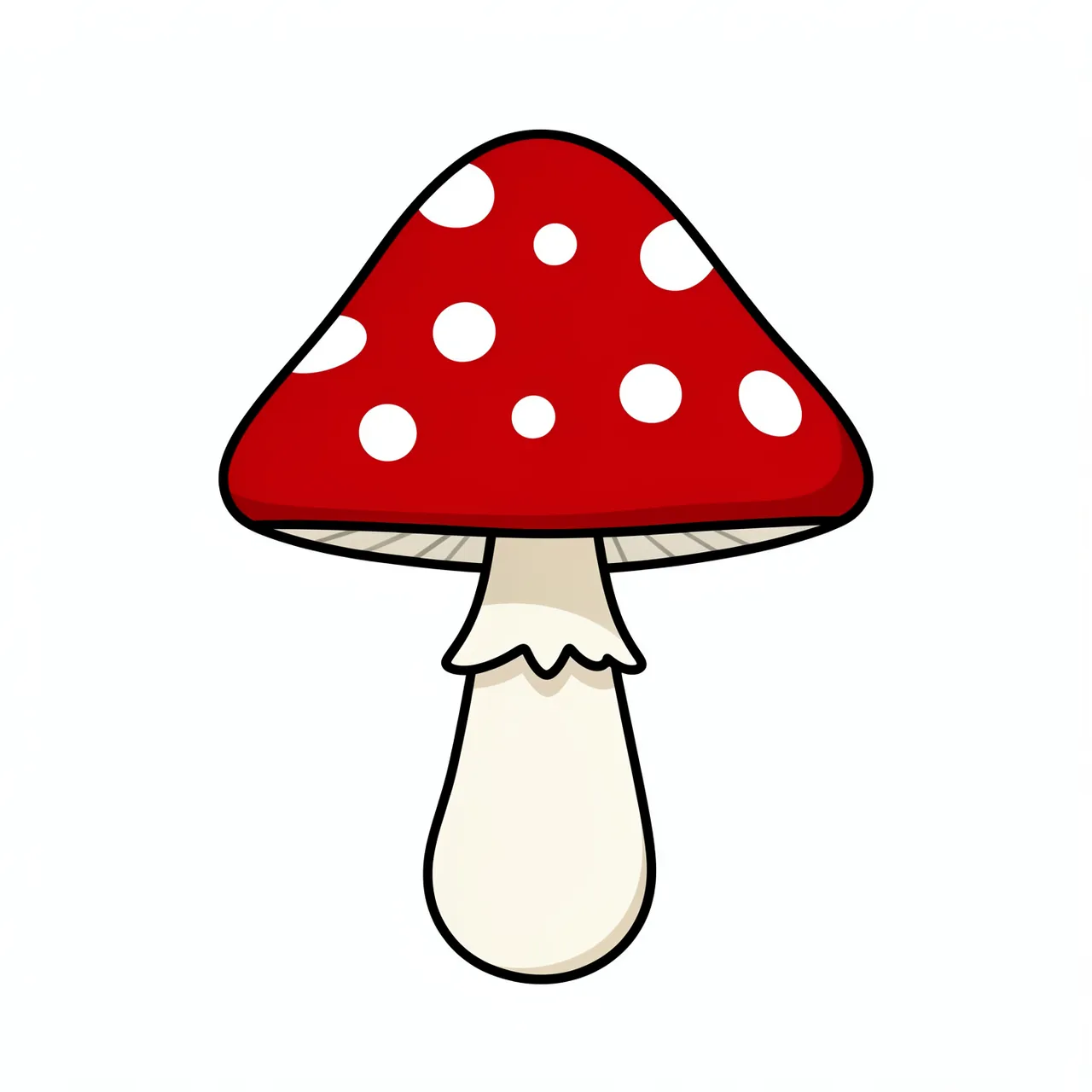 Flat cartoon clipart of a red spotted fly agaric mushroom isolated on a plain white background