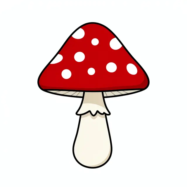 Flat cartoon clipart of a red spotted fly agaric mushroom isolated on a plain white background