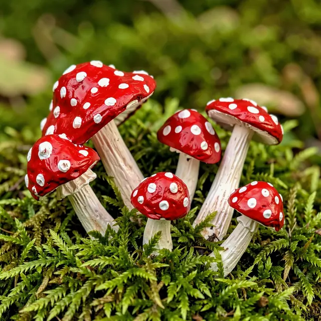 Small tilted red and white spotted fly agaric toadstools growing on lush green moss with blurred foliage behind.