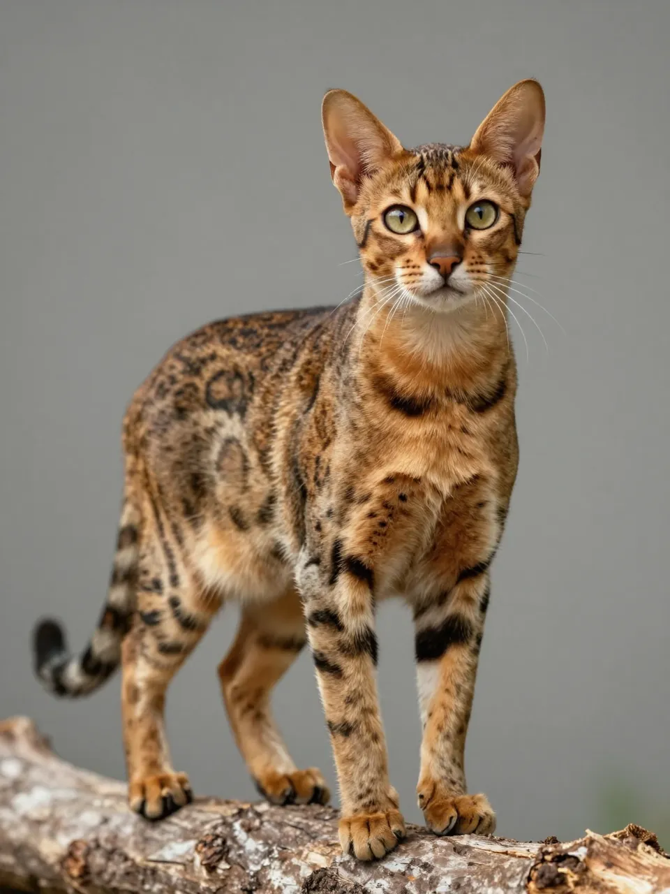 A tall spotted Savannah cat with large ears stands alert on a weathered wooden log against a soft gray background.